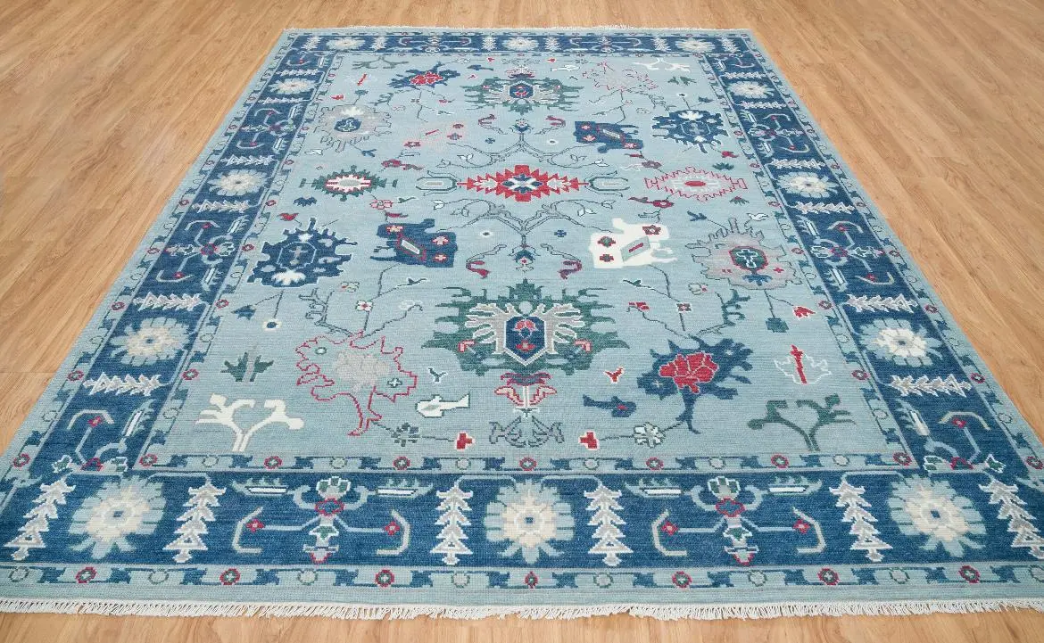 vintage hand-knotted woolen Oushak rug traditional design