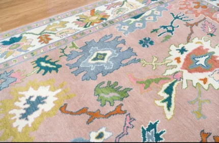 vintage oushak hand knotted woolen rug Bhadohi India cream floral design