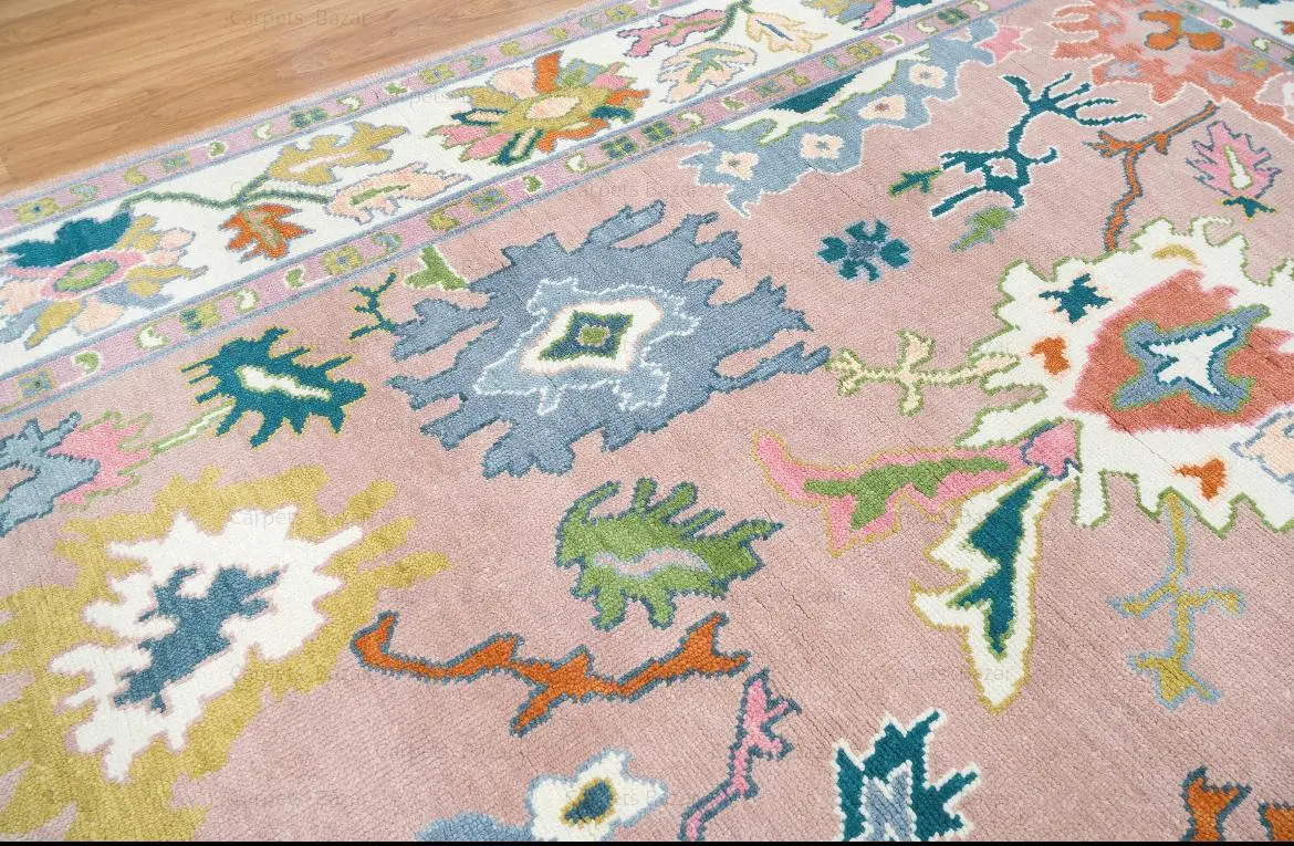 vintage oushak hand knotted woolen rug Bhadohi India cream floral design