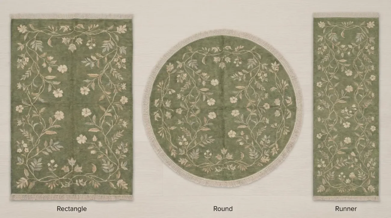 Sage green hand knotted wool rug with floral vine design handcrafted in Bhadohi India