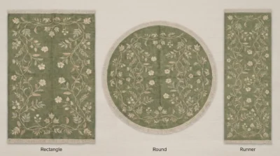 Sage green hand knotted wool rug with floral vine design handcrafted in Bhadohi India