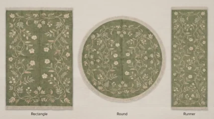 Sage green hand knotted wool rug with floral vine design handcrafted in Bhadohi India