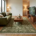 Sage green hand knotted wool rug with floral vine design handcrafted in Bhadohi India