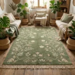 Sage green hand knotted wool rug with floral vine design handcrafted in Bhadohi India