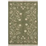 Sage green hand knotted wool rug with floral vine design handcrafted in Bhadohi India