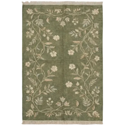 Sage green hand knotted wool rug with floral vine design handcrafted in Bhadohi India