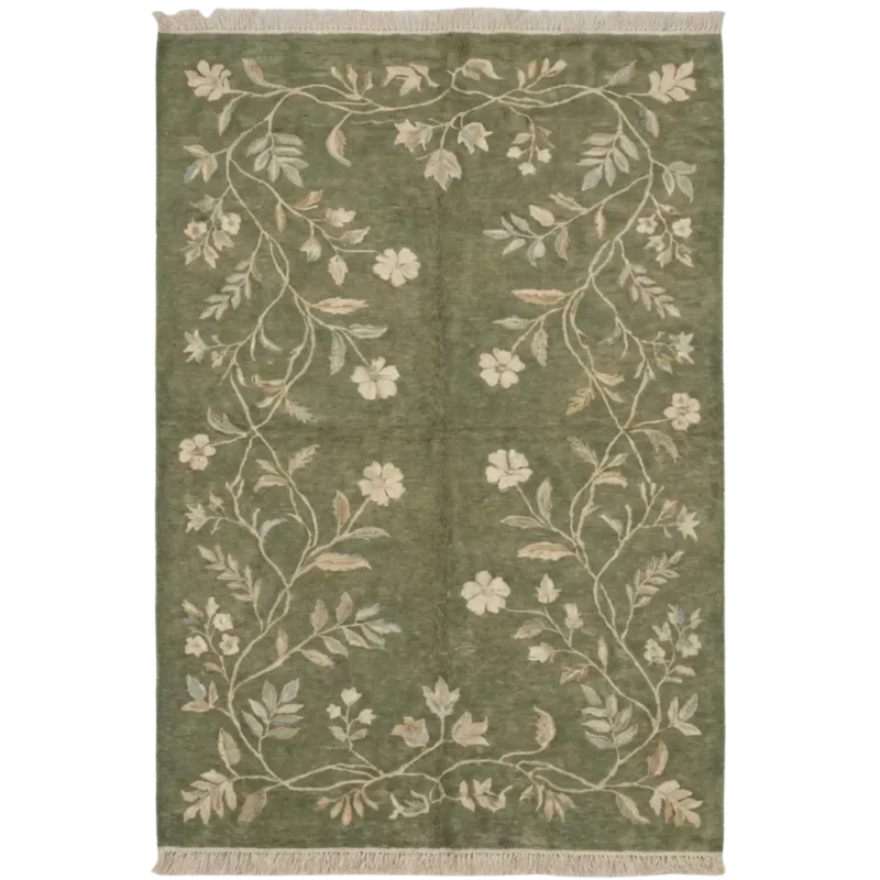 Sage green hand knotted wool rug with floral vine design handcrafted in Bhadohi India