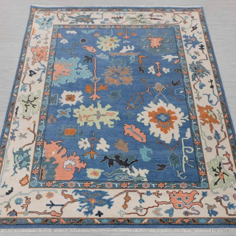 blue multicolor hand knotted rug floral oriental wool carpet handmade India