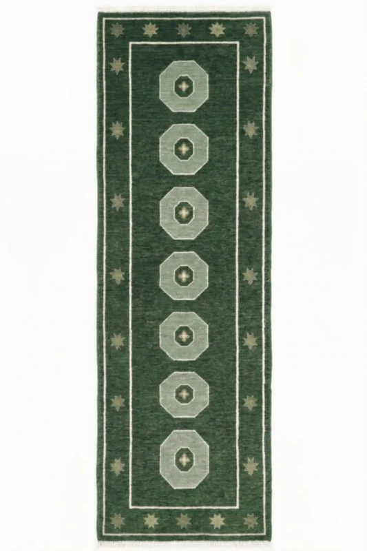 green hand knotted rug geometric minimalist wool carpet handmade India