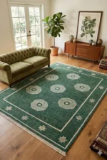 green hand knotted rug geometric minimalist wool carpet handmade India