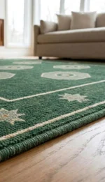 green hand knotted rug geometric minimalist wool carpet handmade India