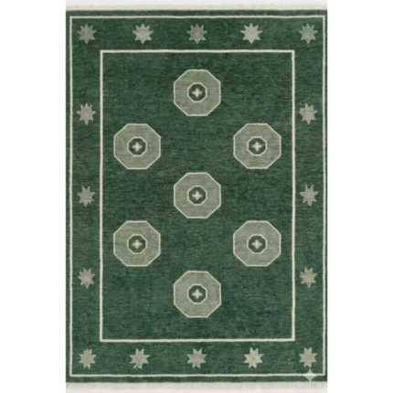 Hand-knotted green geometric wool rug on a minimalist light oak floor