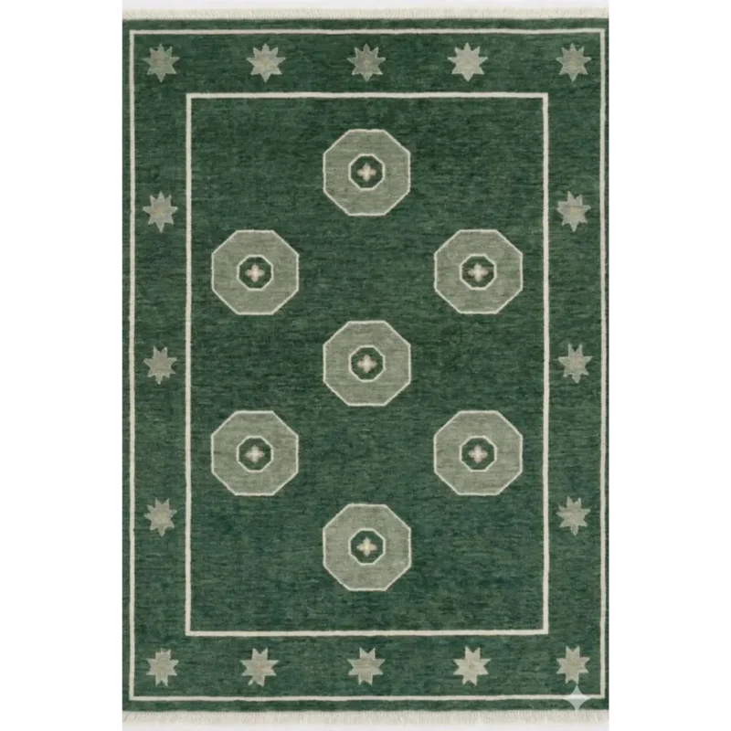 Hand-knotted green geometric wool rug on a minimalist light oak floor