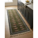 hand knotted wool fish runner rug green Bhadohi tribal design