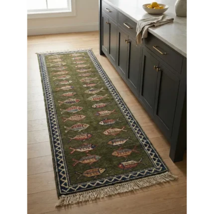 hand knotted wool fish runner rug green Bhadohi tribal design