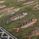 hand knotted wool fish runner rug green Bhadohi tribal design