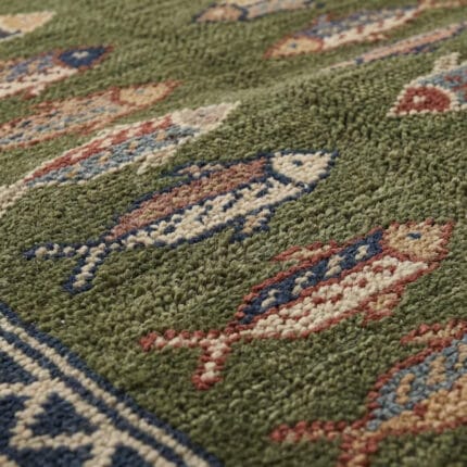 hand knotted wool fish runner rug green Bhadohi tribal design