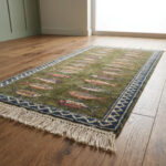 hand knotted wool fish runner rug green Bhadohi tribal design