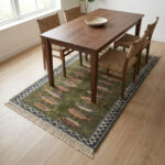 hand knotted wool fish runner rug green Bhadohi tribal design