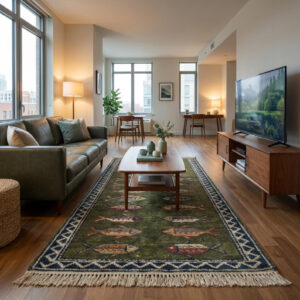 hand knotted wool fish runner rug green Bhadohi tribal design