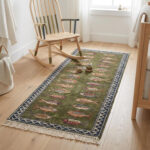 hand knotted wool fish runner rug green Bhadohi tribal design