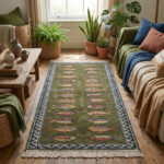 hand knotted wool fish runner rug green Bhadohi tribal design