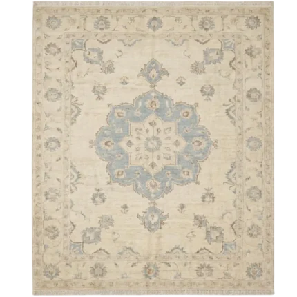 ivory blue medallion hand knotted rug vintage oushak rectangle round runner