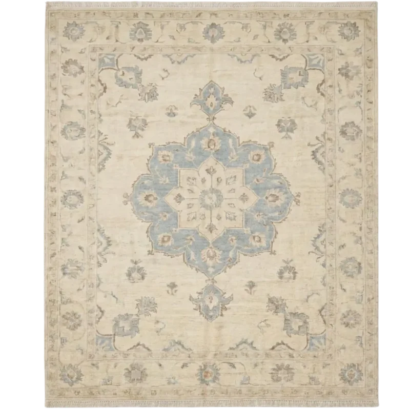 ivory blue medallion hand knotted rug vintage oushak rectangle round runner