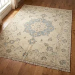 ivory blue medallion hand knotted rug vintage oushak rectangle round runner