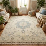 ivory blue medallion hand knotted rug vintage oushak rectangle round runner
