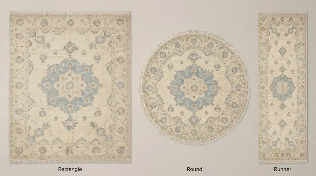 ivory blue medallion hand knotted rug vintage oushak rectangle round runner