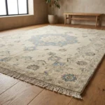 ivory blue medallion hand knotted rug vintage oushak rectangle round runner