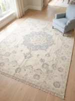 ivory blue medallion hand knotted rug vintage oushak rectangle round runner