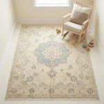 ivory blue medallion hand knotted rug vintage oushak rectangle round runner