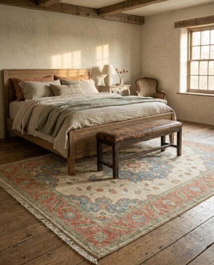 handmade wool area rug in bedroom