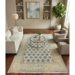 Greek Key Wool Rug | Sage Green & Grey Geometric Area Carpet
