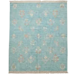 Aqua Blue Floral Oushak Hand Knotted Wool Rug – Premium Bhadohi Indian Carpet