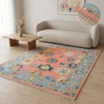 Vintage-Inspired Coral & Blue Oriental Rug - Artisan Hand-Knotted Wool Carpet for Living Room
