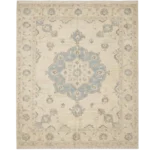 Ivory Blue Medallion Hand Knotted Rug – Vintage Oushak Wool Area Rug
