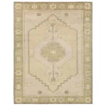 Modern Hand Knotted Wool Rug – Beige & Olive Green Geometric Design