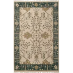 Hand-Knotted Blue and Ochre Oushak Wool Rug - Vintage Ivory Area Rug for Living Room & Bedroom