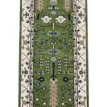 Green Hand-Knotted Oushak Wool Runner Rug - Olive Vintage Hallway Rug