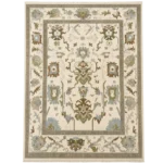 Hand Knotted Ivory Oushak Rug | Sage Green & Slate Blue